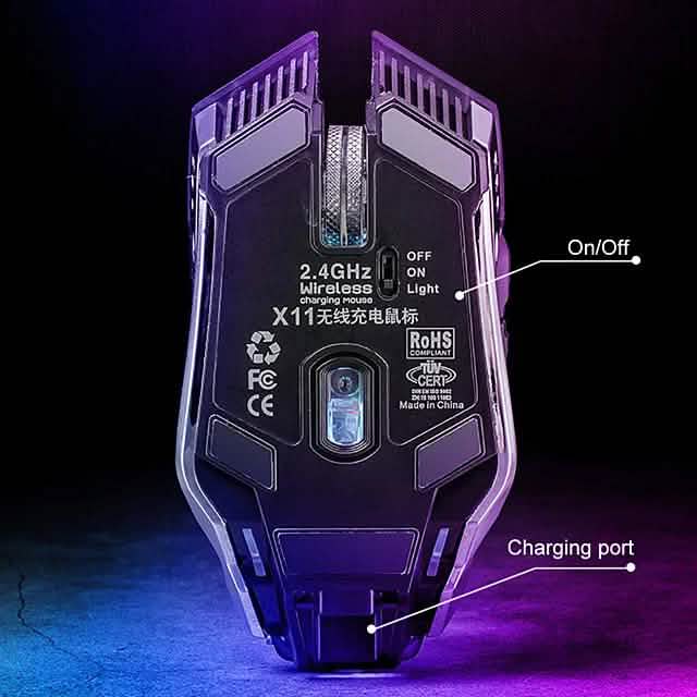 Wireless optical gaming mouse underside with charging port and on/off controls.