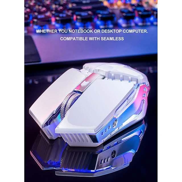 Wireless optical gaming mouse, white body with blue LED strips, angled top view