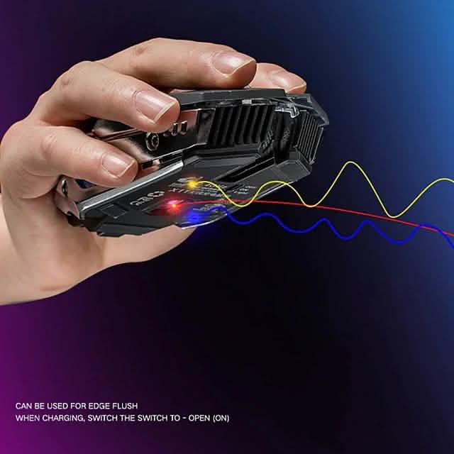 Black wireless optical gaming mouse held in hand with colorful RGB indicator lights.
