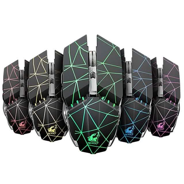 Assorted wireless optical gaming mice in multiple geometric color designs with RGB lighting.