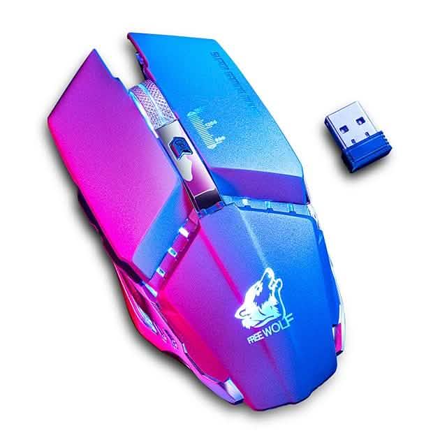 Wireless gaming mouse with blue and magenta gradient shell and RGB light accents.