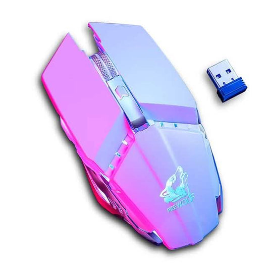 Wireless gaming mouse with pink and light purple gradient finish and side RGB accents.