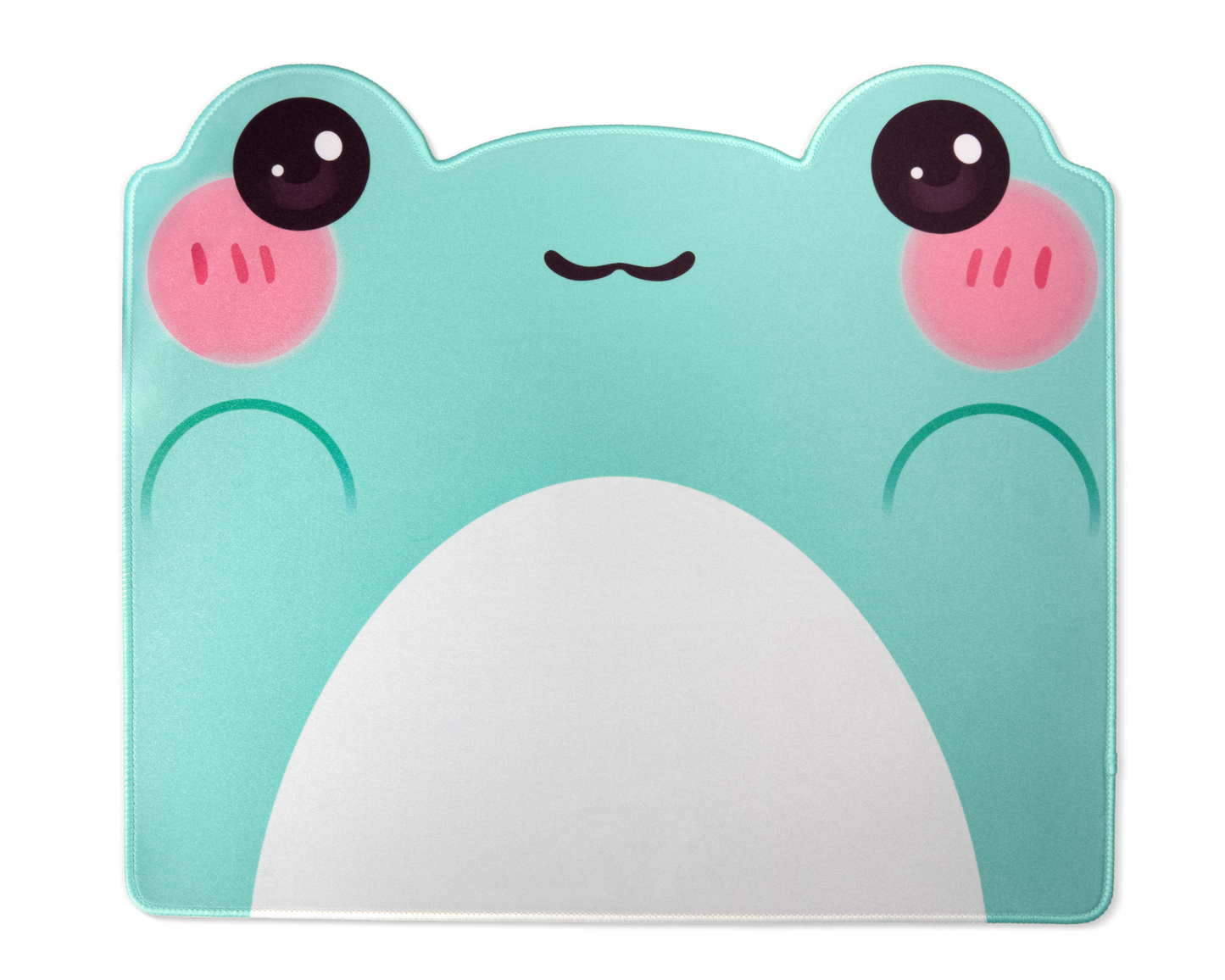 Turquoise frog desk mat with white belly, pink cheeks, and dark circular eye details