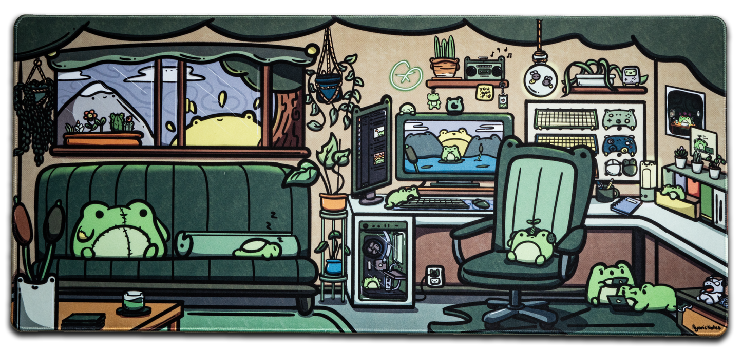 Frog-themed office desk mat with cartoon workspace illustration and green border