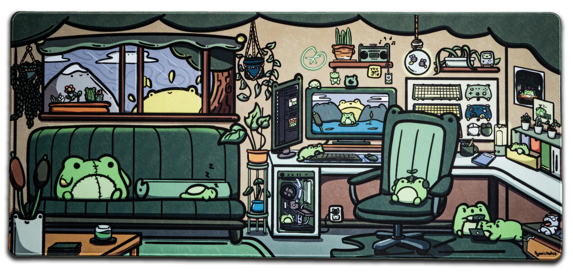 Frog-themed office desk mat with cartoon workspace illustration and green border