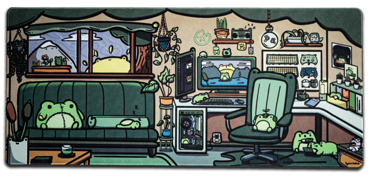 Frog-themed office desk mat with cartoon workspace illustration and green border