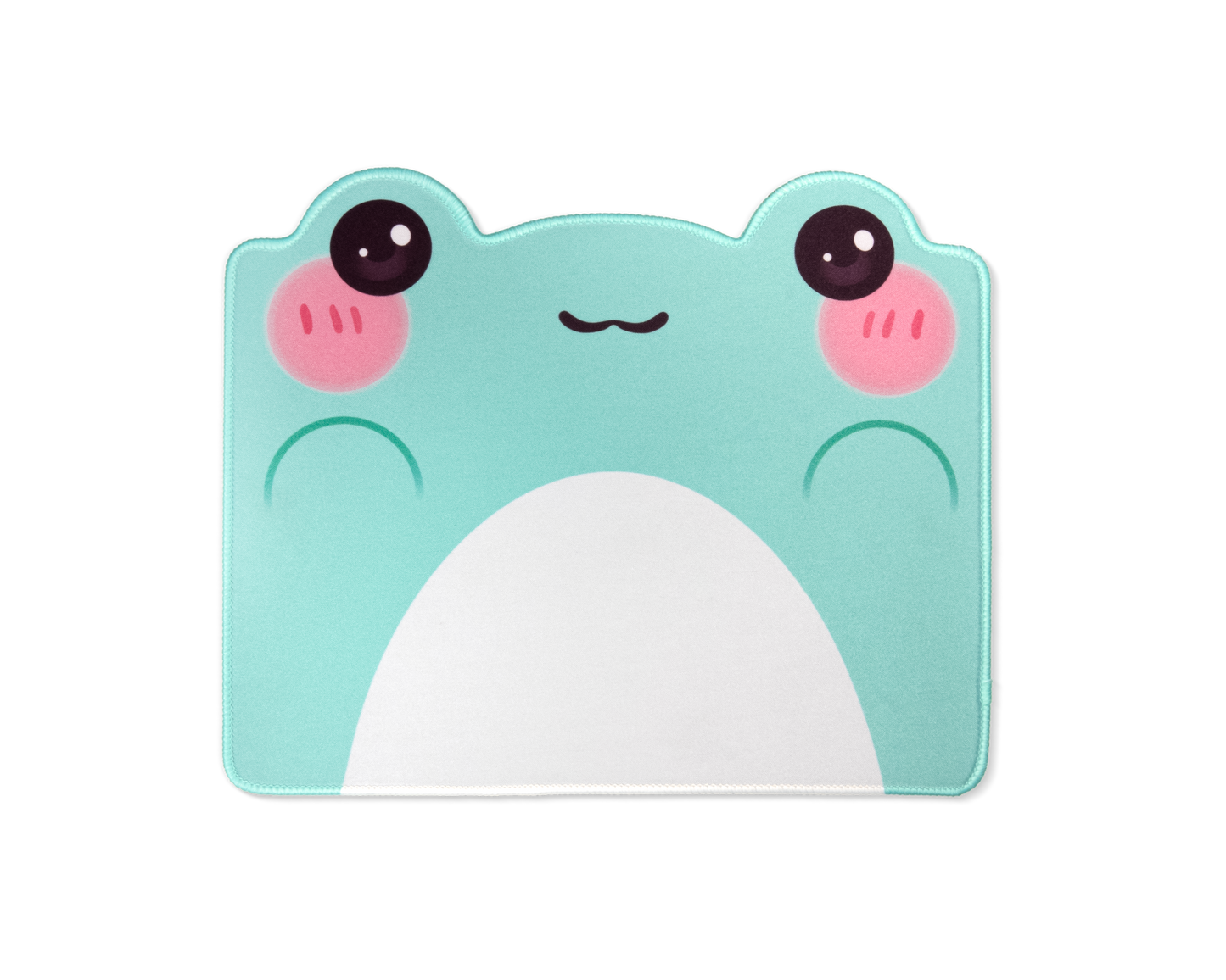 Turquoise frog desk mat featuring a white belly shape and two pink-cheek face icons