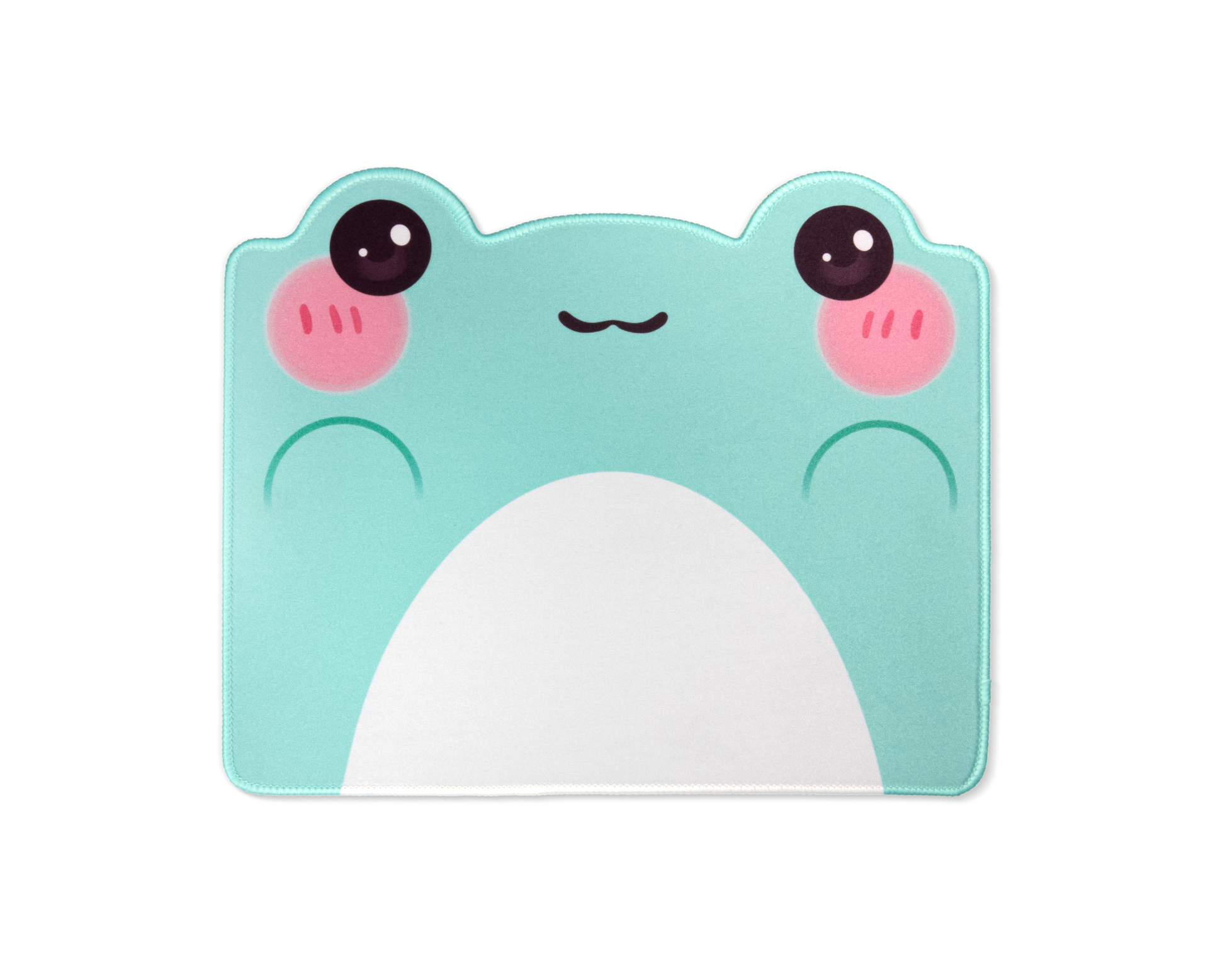 Turquoise frog desk mat featuring a white belly shape and two pink-cheek face icons