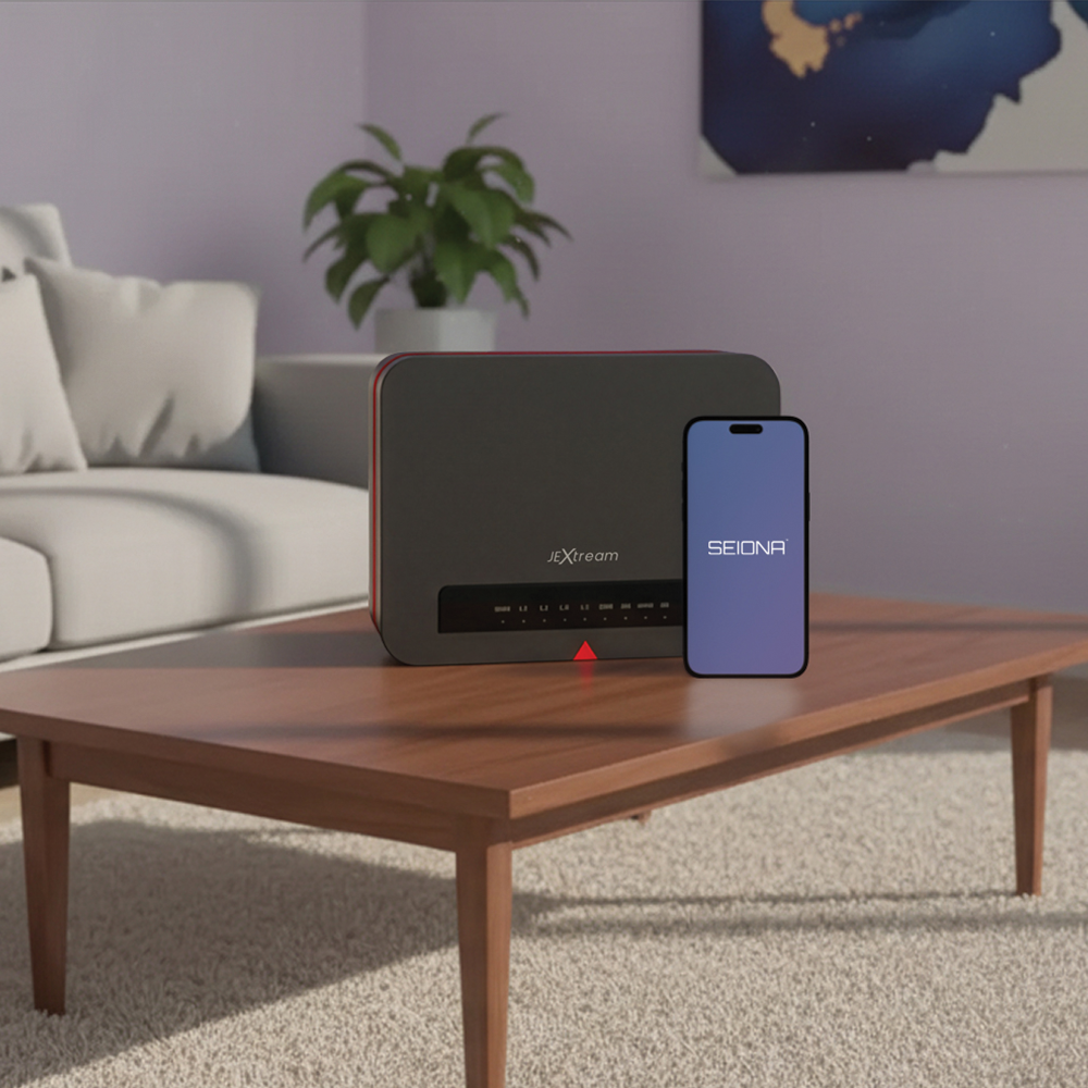 Black Wi-Fi router with smartphone connected in home setting