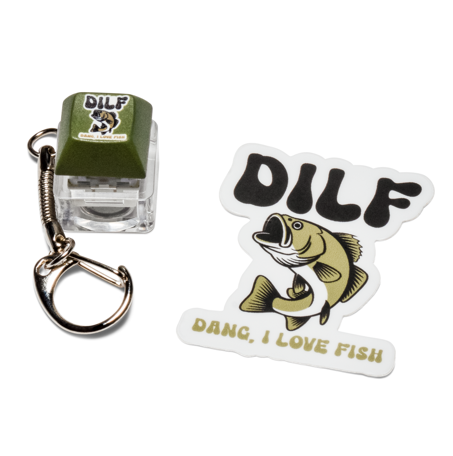 Olive keycap fidget keychain with "DILF" graphic and white "Dang I love fish" sticker.