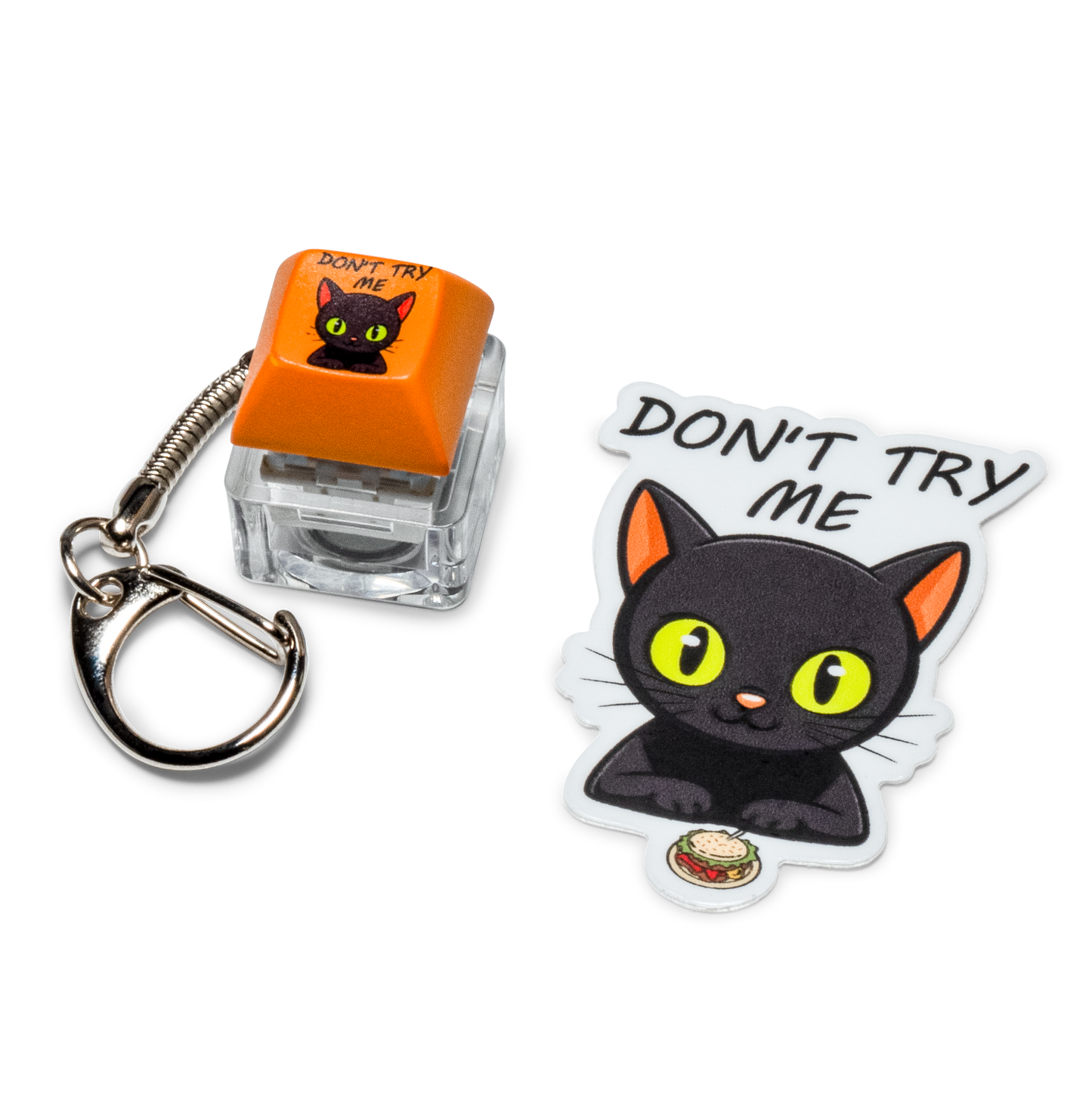 Funny keycap fidget keychain with orange “DON’T TRY ME” keycap and cat sticker