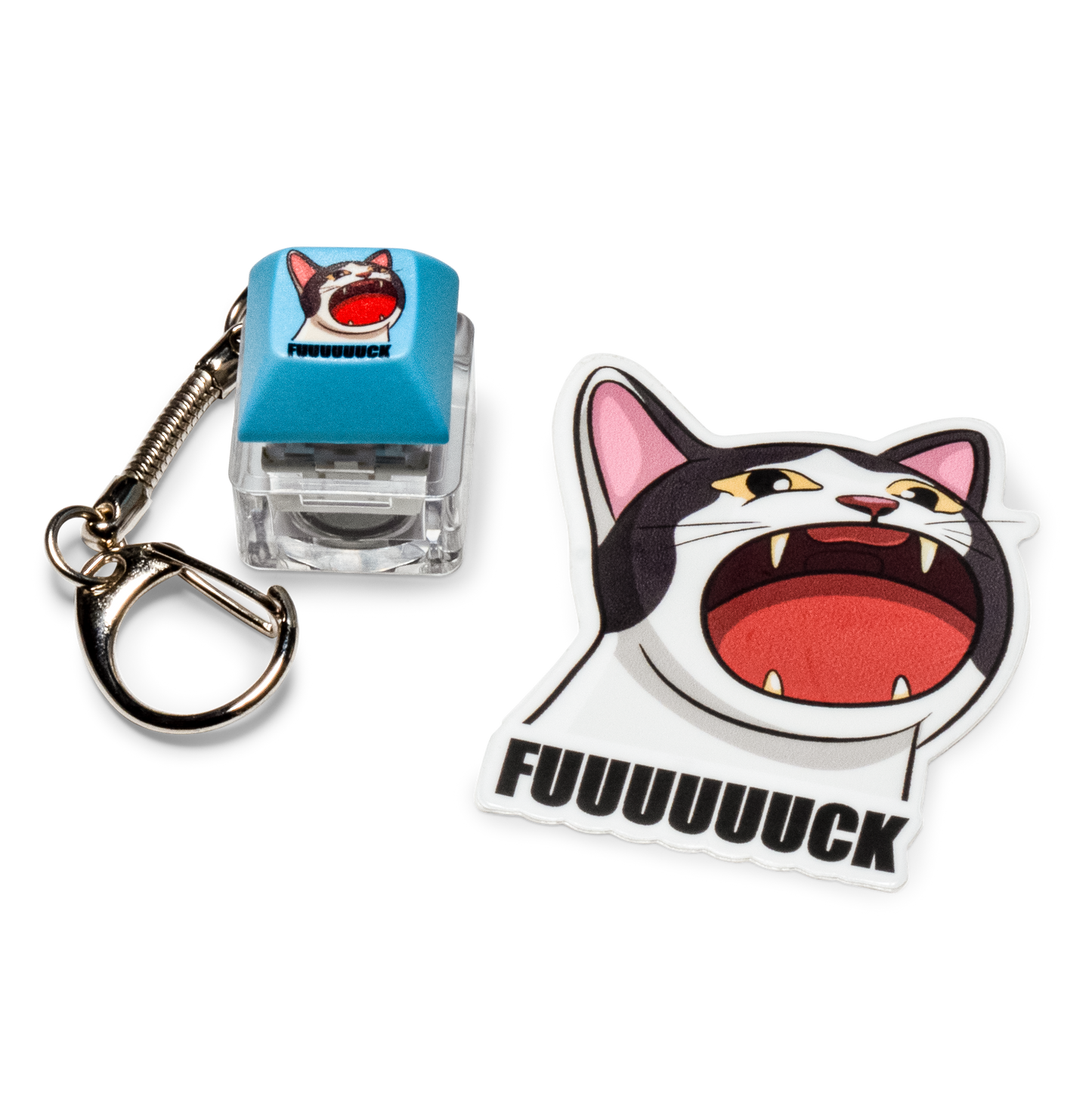 Keycap fidget keychain with blue cat-face keycap and matching cat sticker