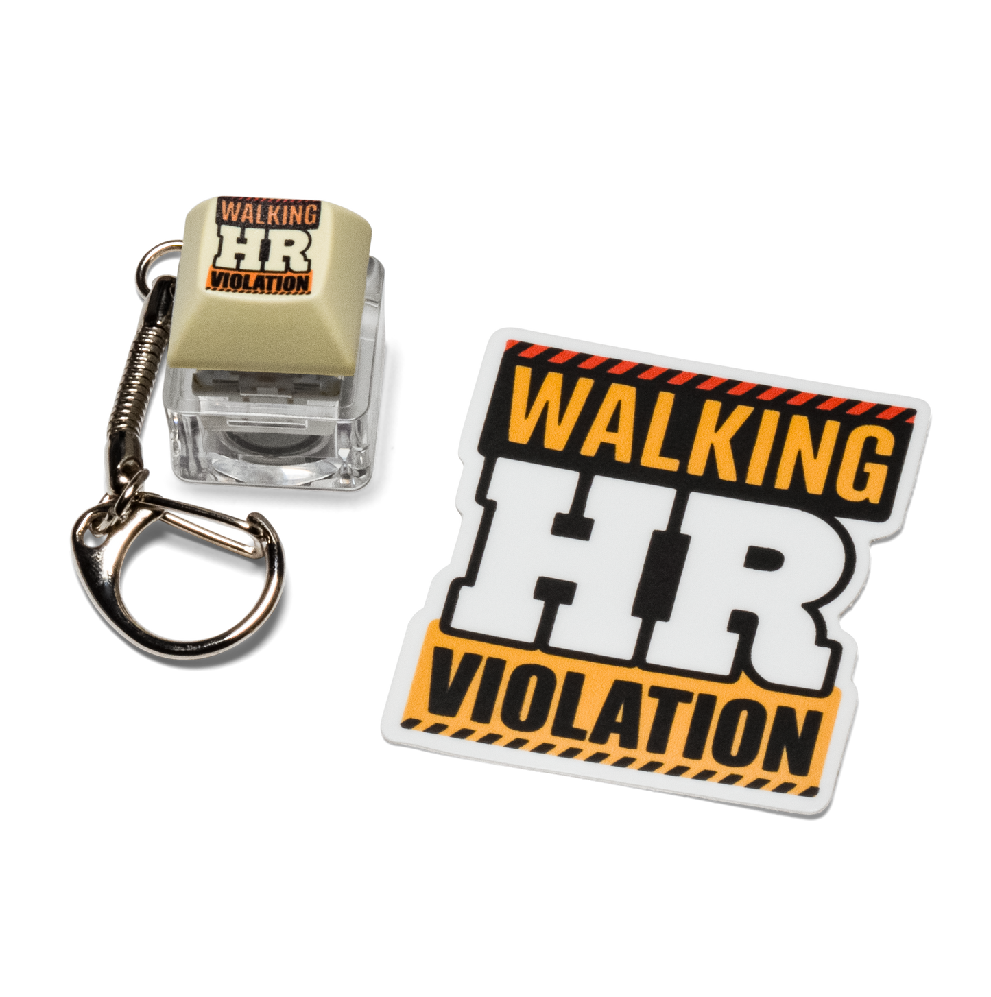 Light keycap fidget keychain with "Walking HR Violation" graphic and matching sticker.