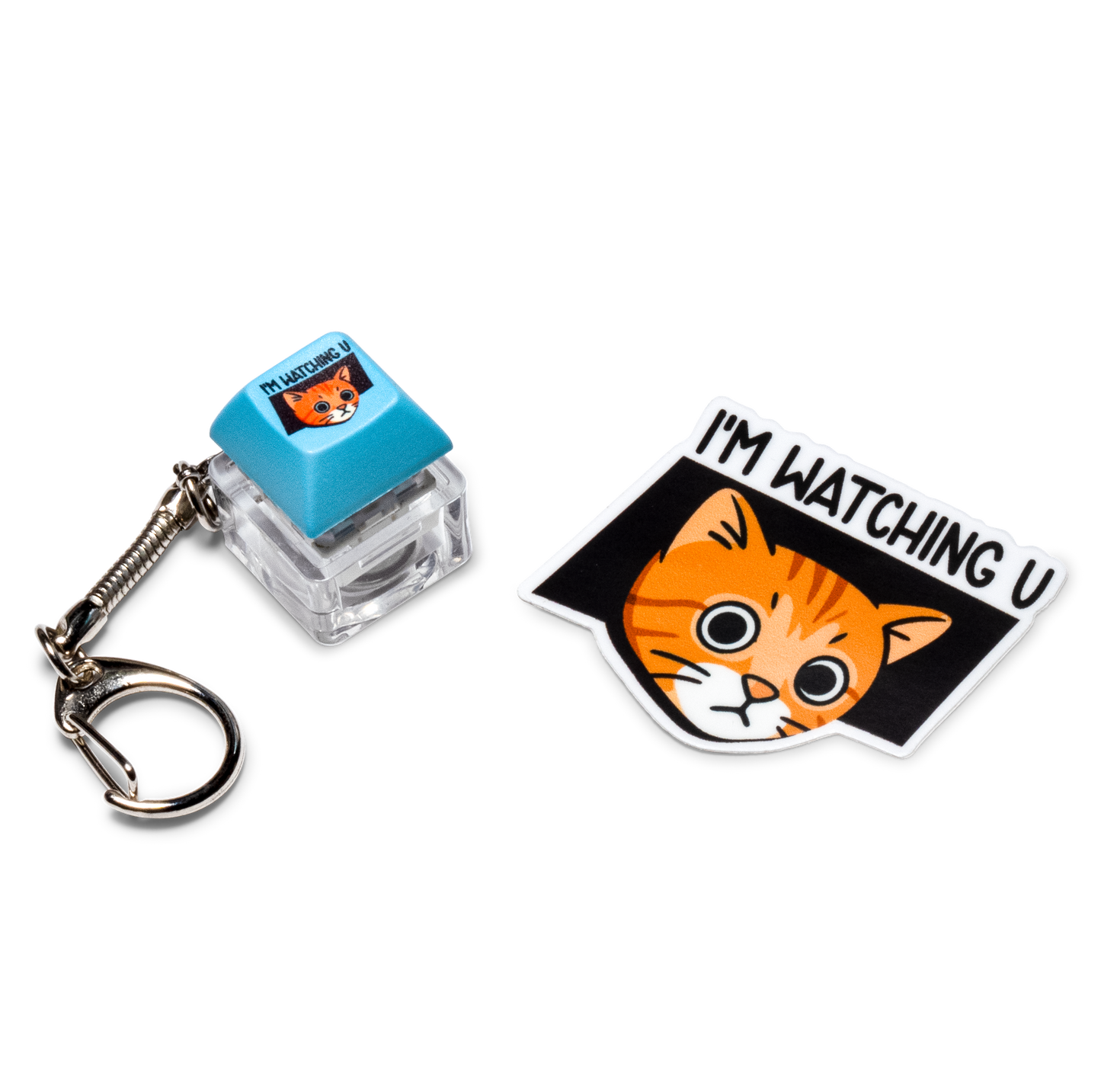 Blue keycap fidget keychain with orange cat face and white "I'm watching you" sticker.