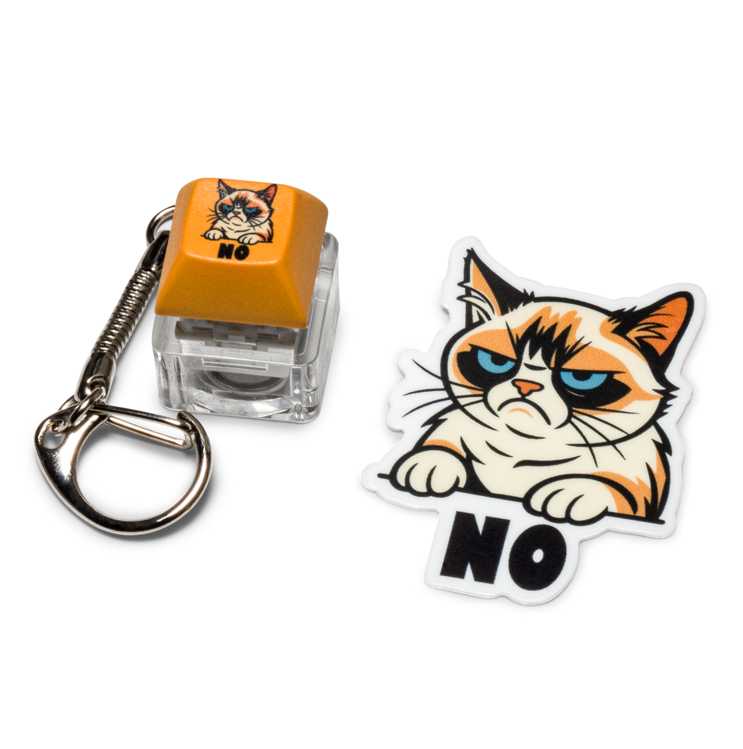 Orange keycap fidget keychain with black cat graphic and white cat sticker.