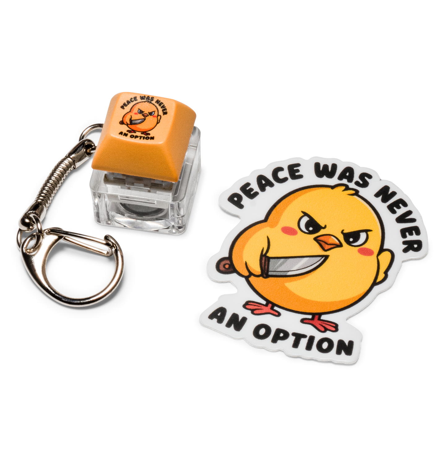 Funny keycap fidget keychain with orange “Peace was never…” duck keycap and sticker