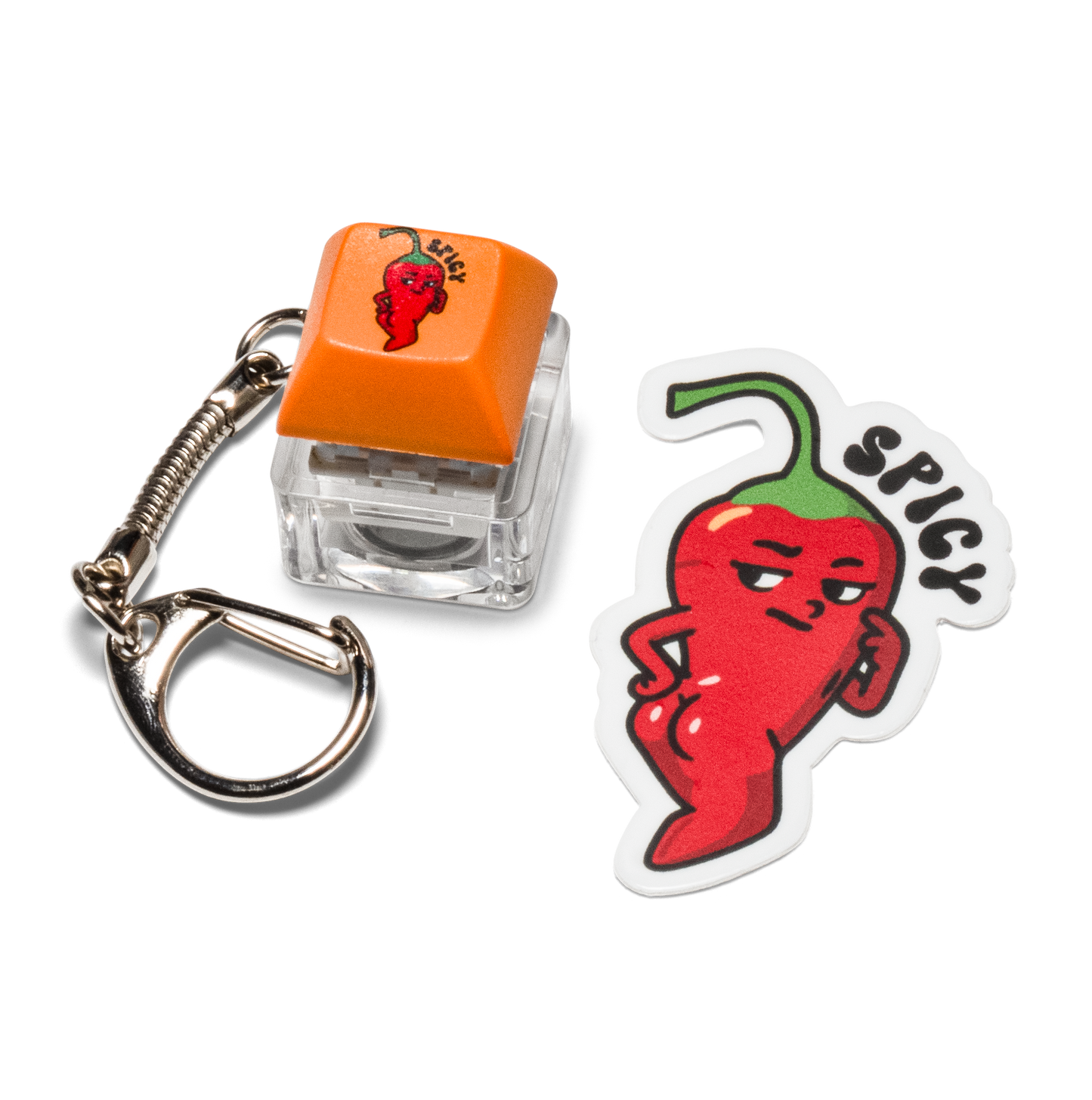 Orange keycap fidget keychain with red devil graphic and white devil face sticker.