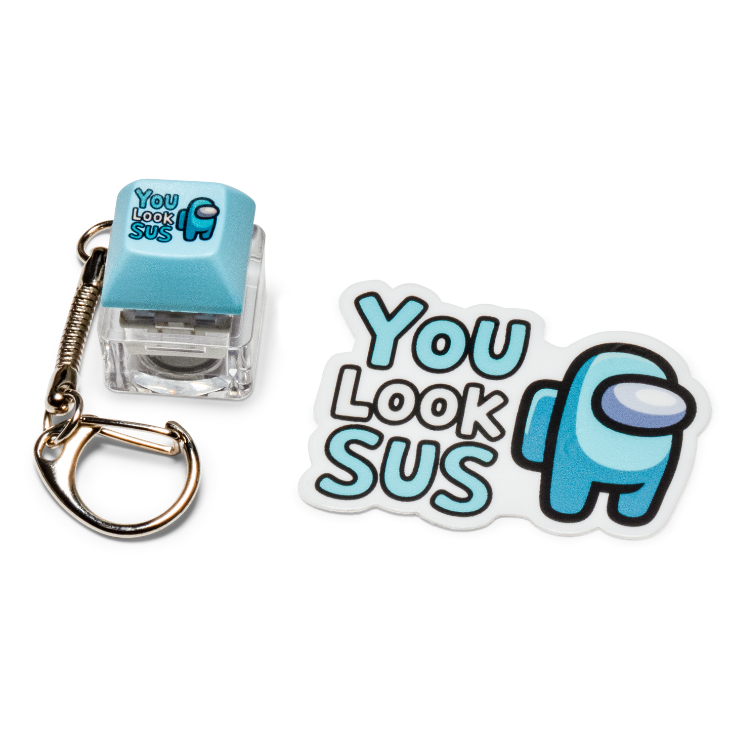 Funny keycap fidget keychain with light blue “You Look Sus” keycap and sticker