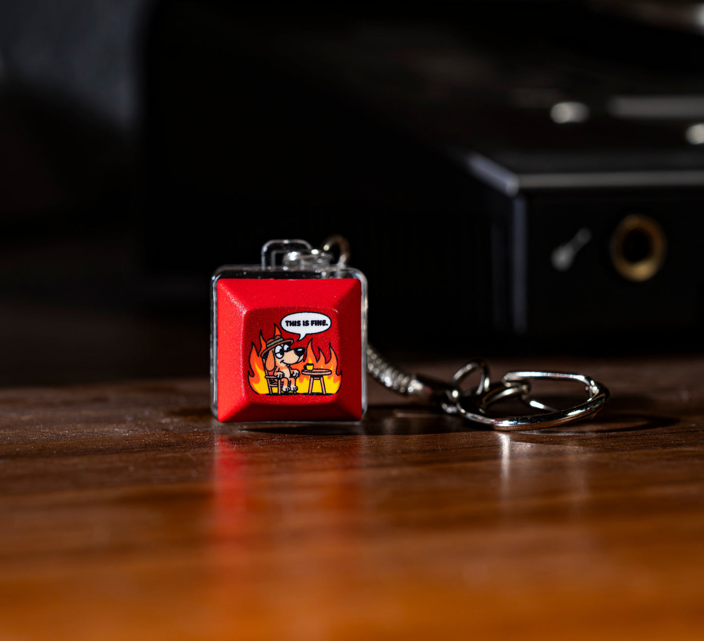 Funny keycap fidget keychain with red “This is fine” keycap and metal keyring