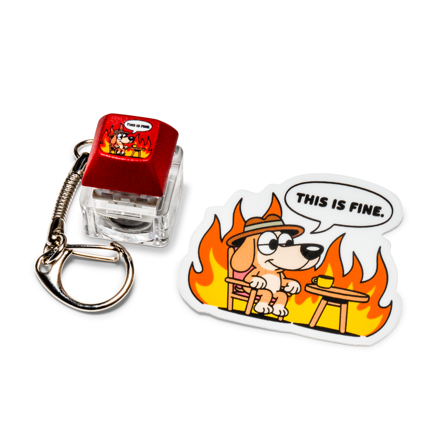 Funny keycap fidget keychain with red “This is fine” cat keycap and sticker