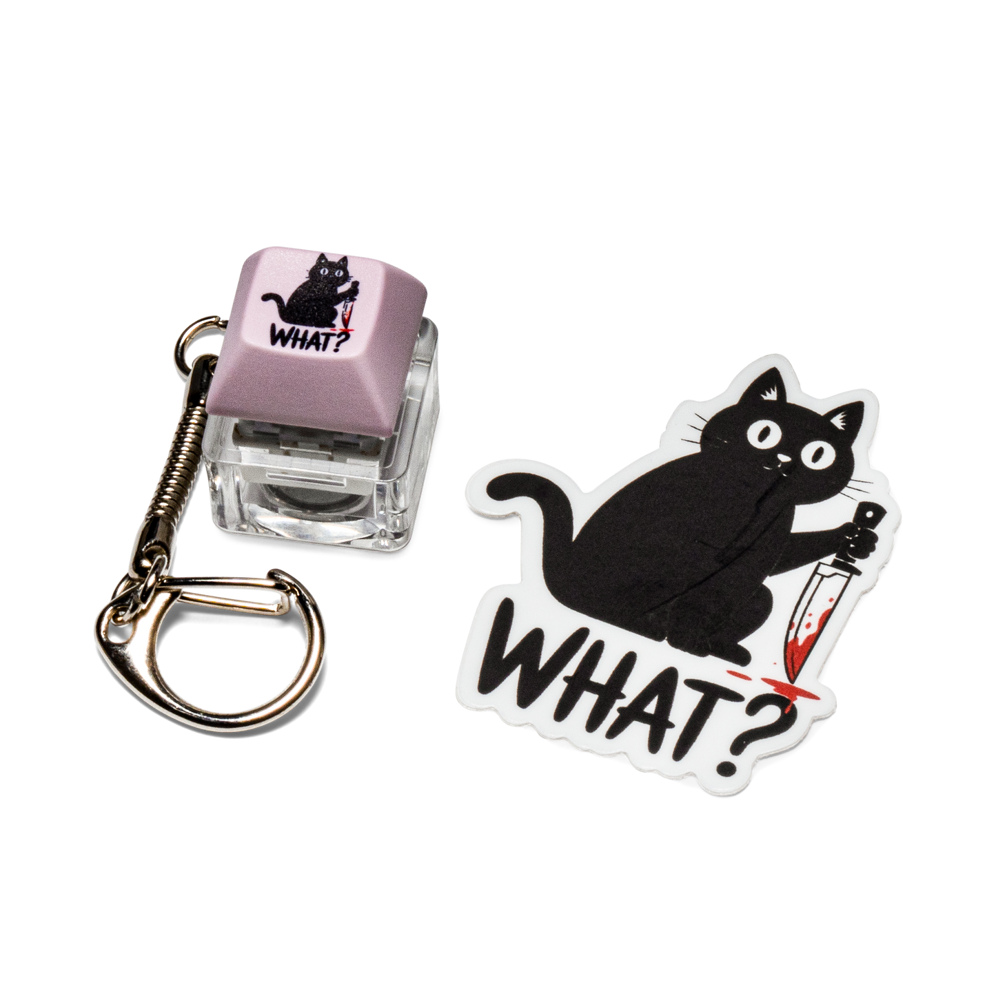 Funny keycap fidget keychain with purple “WHAT?” cat keycap and metal keyring