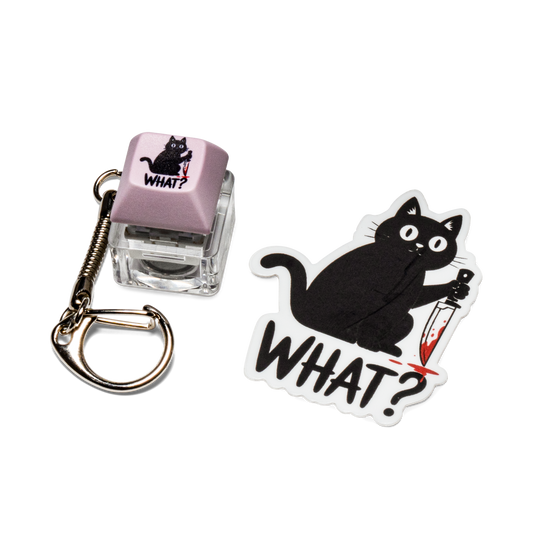 Funny keycap fidget keychain with purple “WHAT?” cat keycap and metal keyring