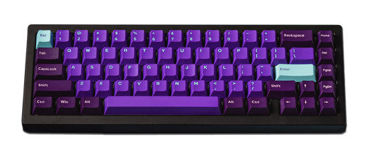 Galaxy PBT keycaps keyboard with purple keycaps and light-blue modifier keys on white frame
