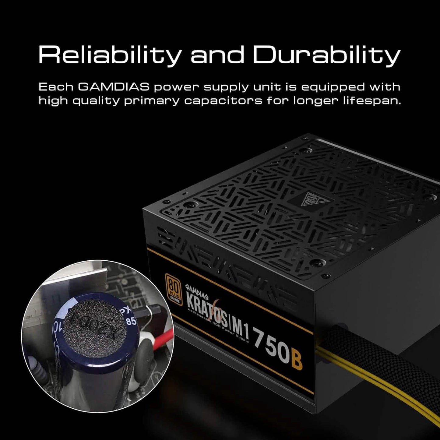 Black Kratos M1-750B PSU with RGB grille and close-up of internal capacitors