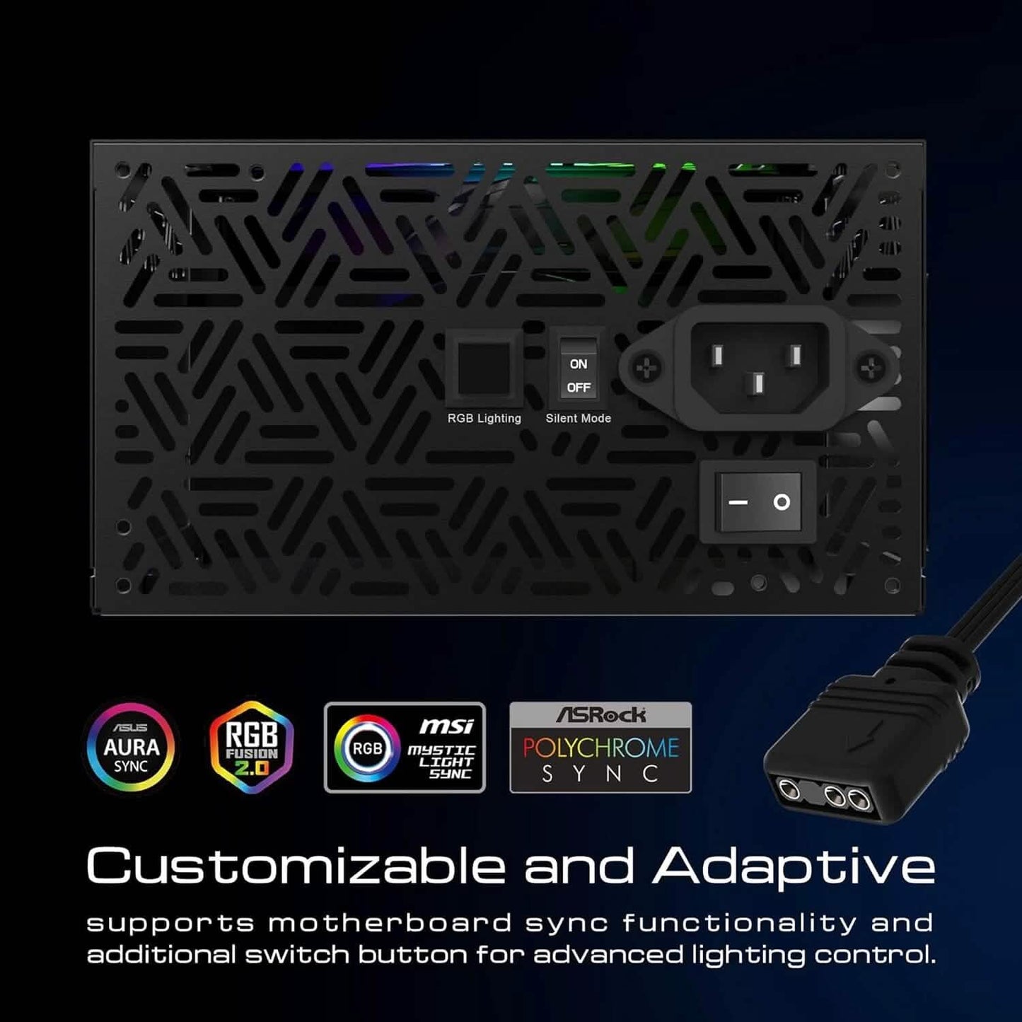 Black PSU back panel with AC outlet, power switch, and RGB lighting control