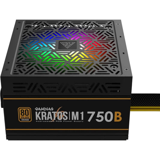 Black Kratos M1-750B 750W PSU with RGB fan grille and front branding strip