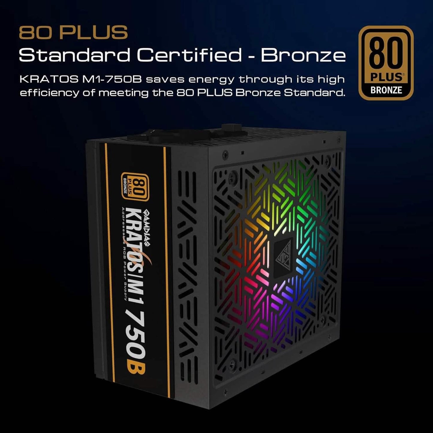 Black Kratos M1-750B PSU with RGB-lit grille and 80 PLUS Bronze badge