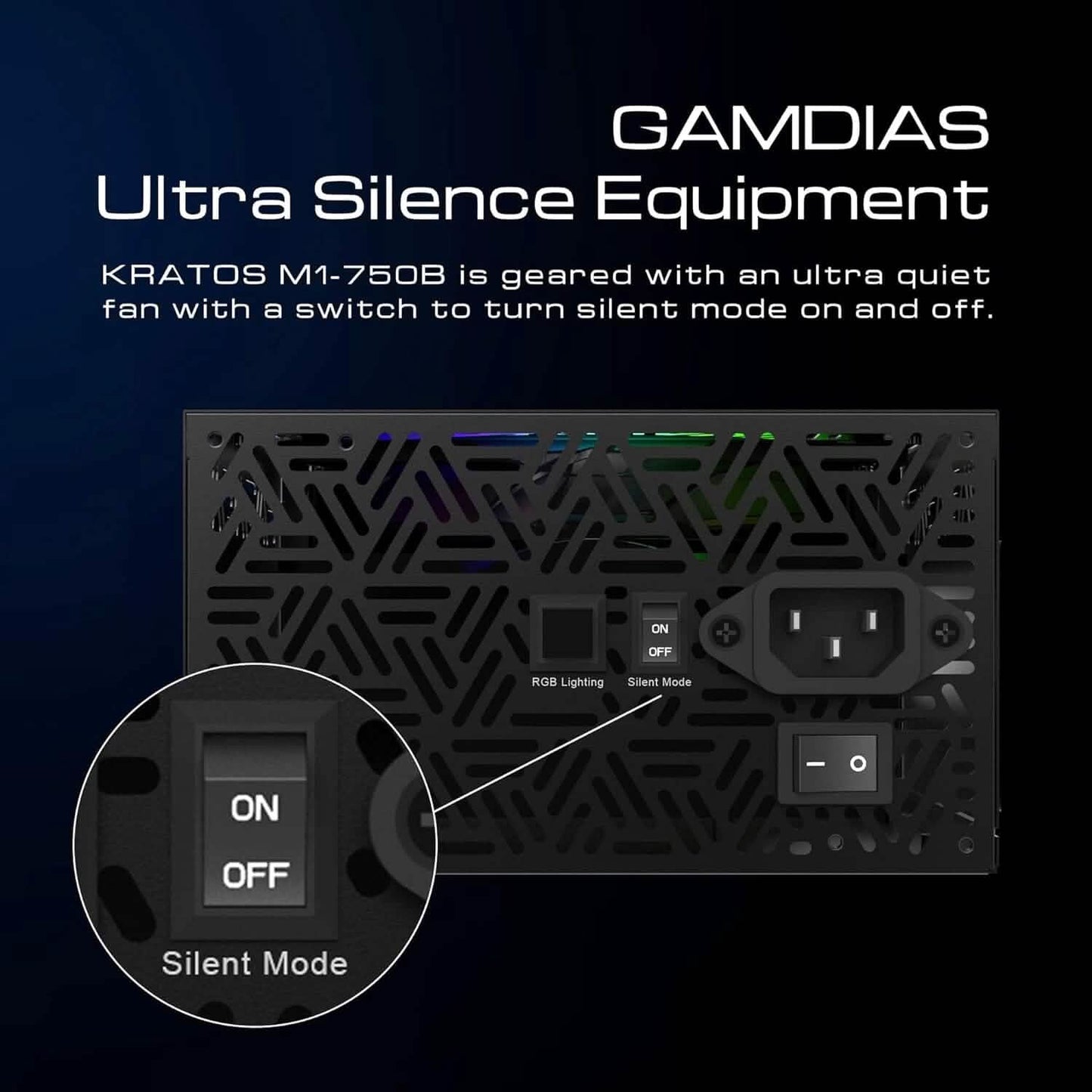 PSU back panel with ON/OFF silent mode switch and RGB lighting controls