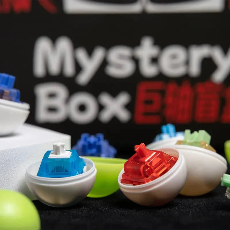 Mechanical switches with colorful caps in blue, green, red, and white housings