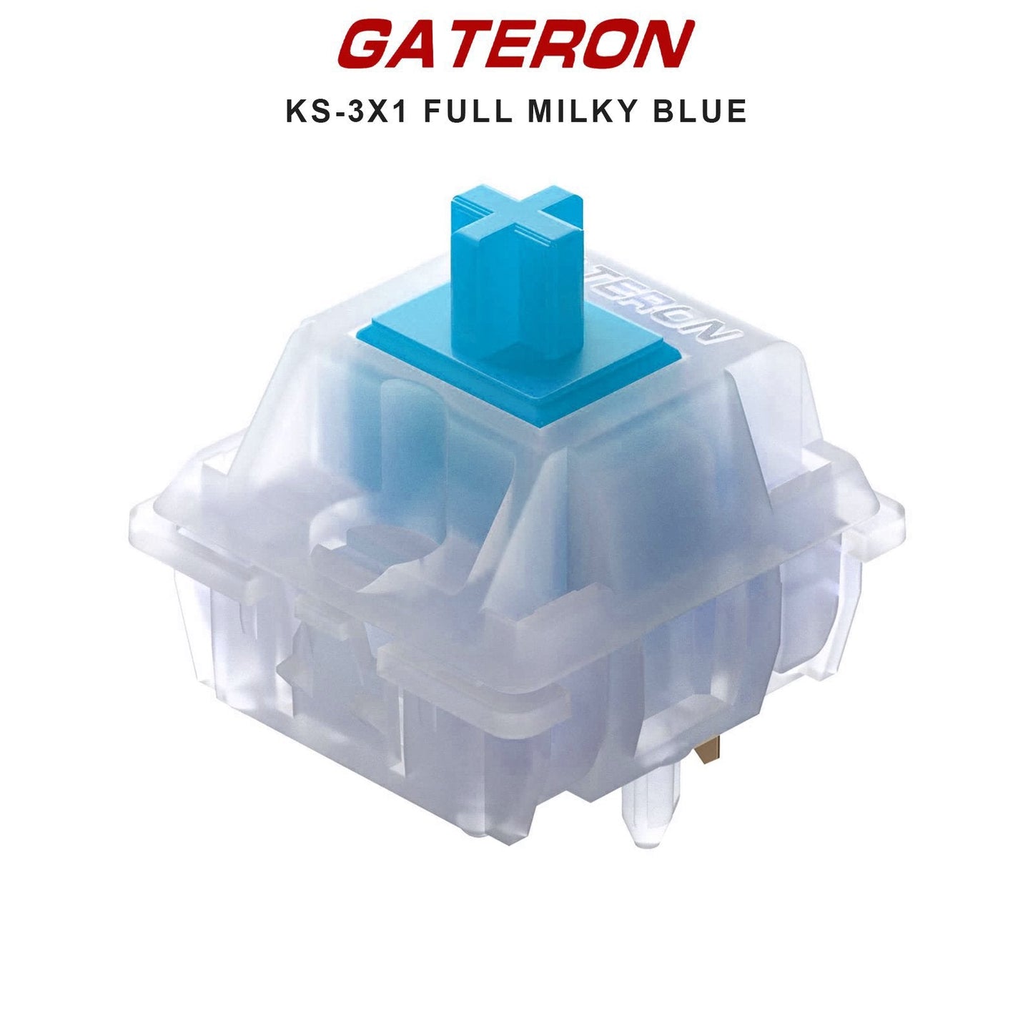 Milky blue mechanical keyboard switch with clear housing and bright blue stem