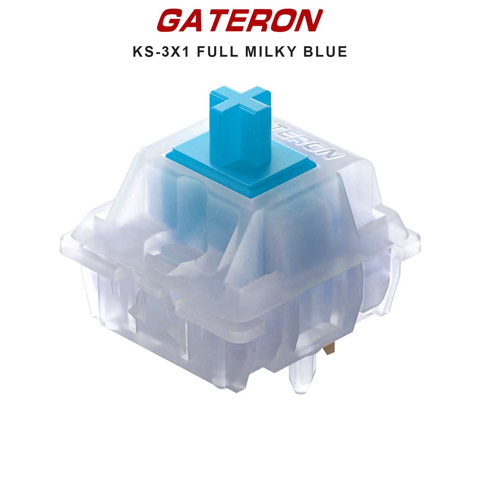 Milky blue mechanical keyboard switch with clear housing and bright blue stem