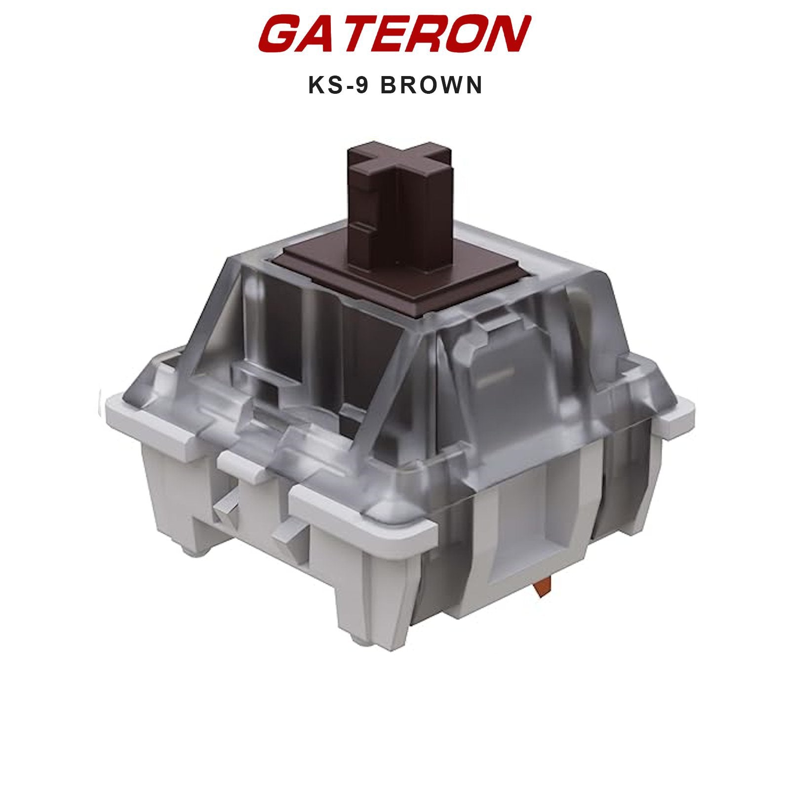 Gateron KS-9 switch with brown stem and gray housing, metal slider visible