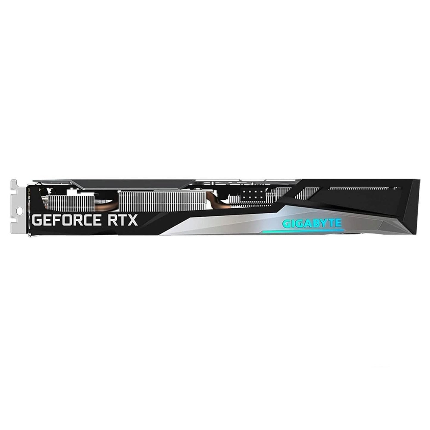 Gigabyte GeForce RTX 3060 rear edge view with I/O openings and branding