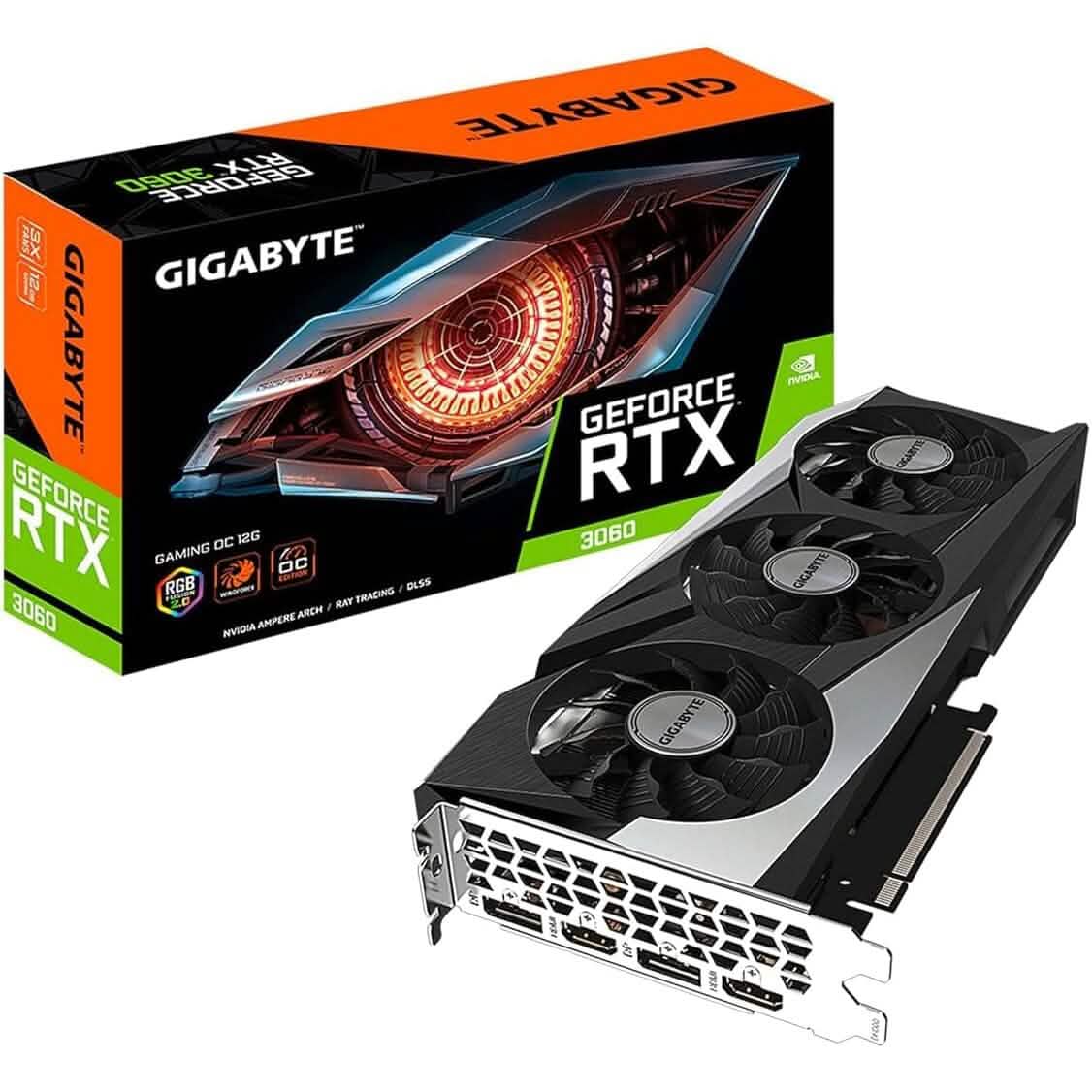 Gigabyte GeForce RTX 3060 graphics card with triple-fan cooler and black fan shroud