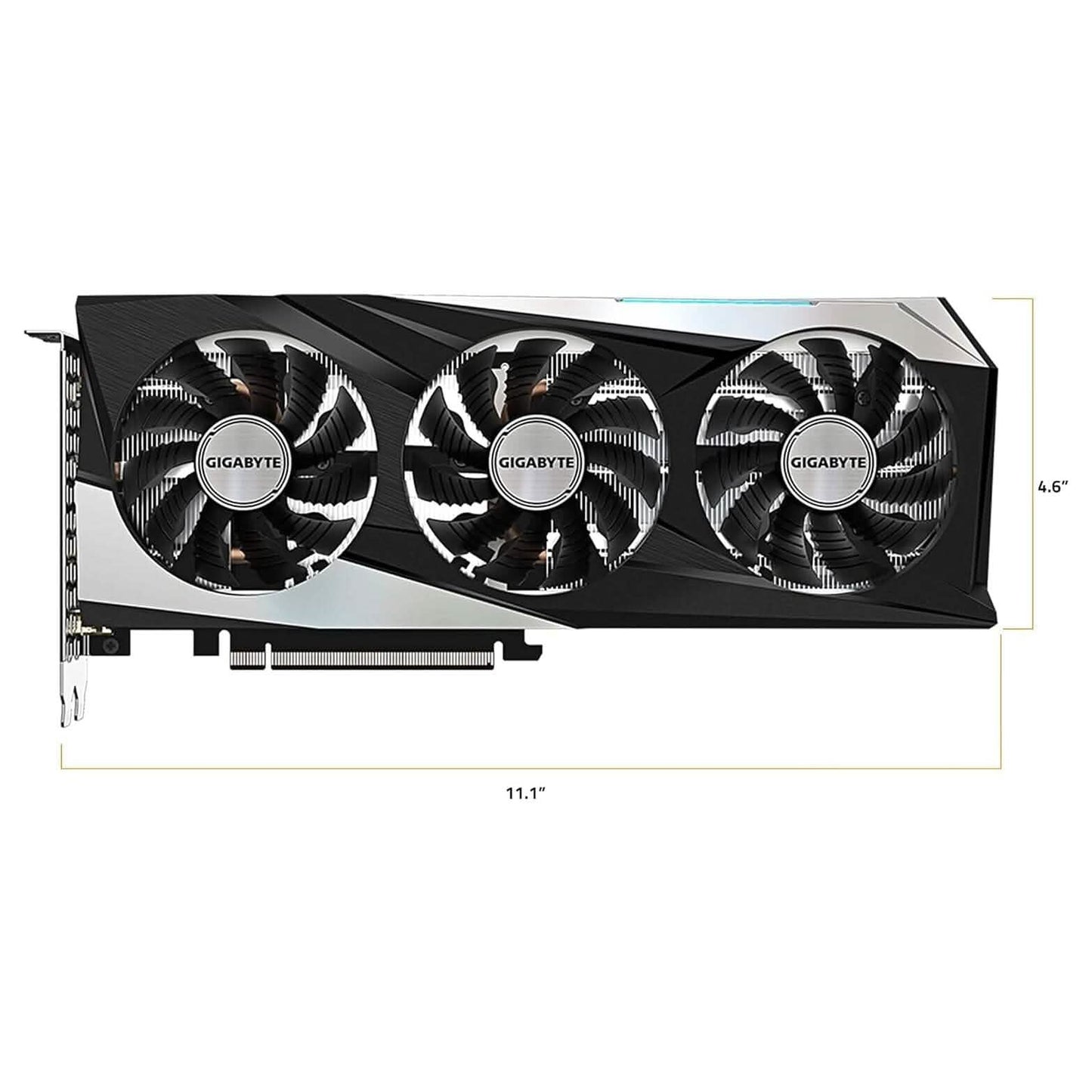 Gigabyte GeForce RTX 3060 triple-fan graphics card, side view with vented backplate