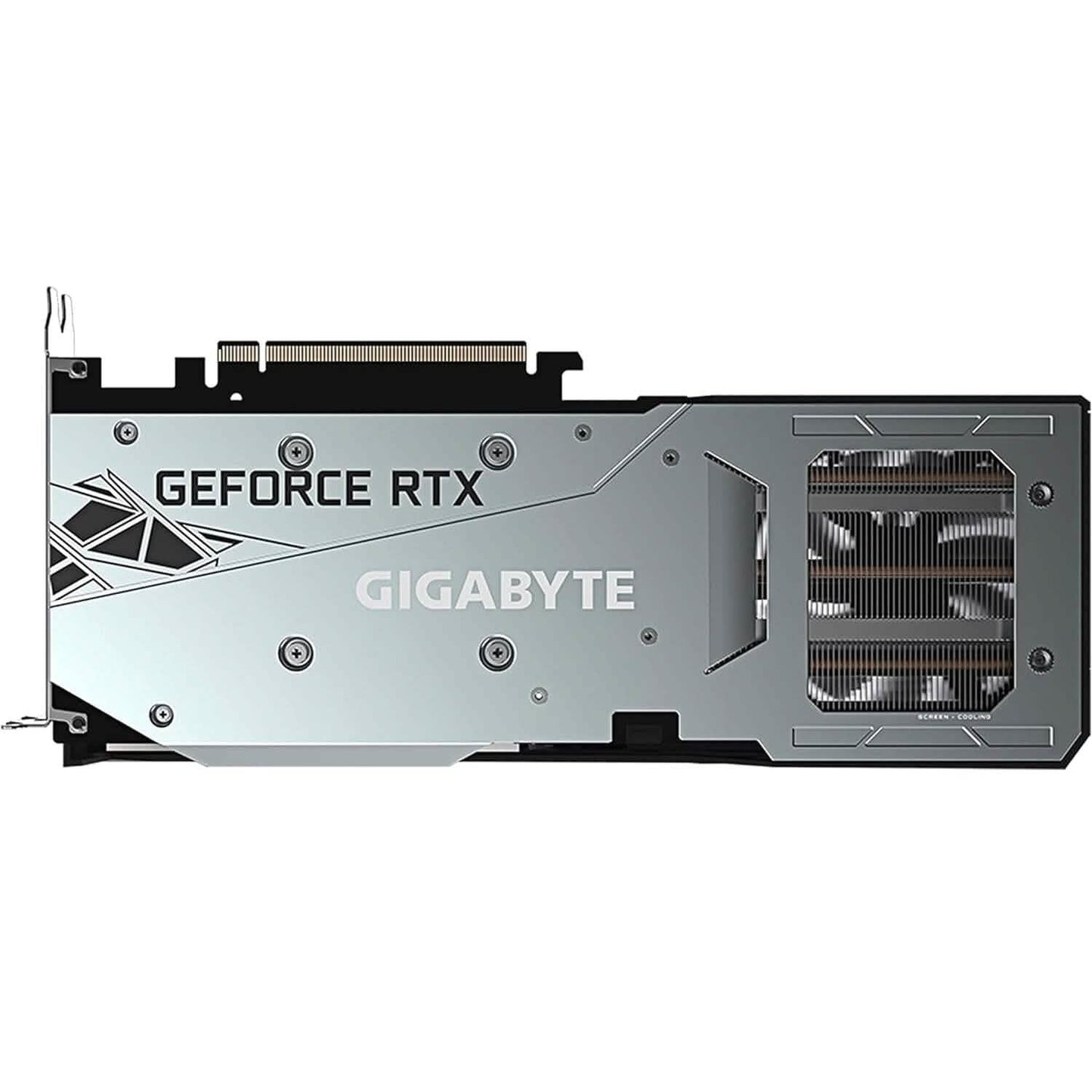 Gigabyte GeForce RTX 3060 backplate view with heat sink vent and mounting screws