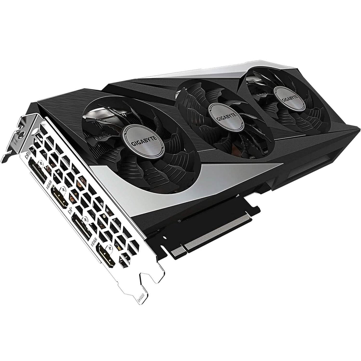 Gigabyte GeForce RTX 3060 graphics card, underside and bracket ports visible