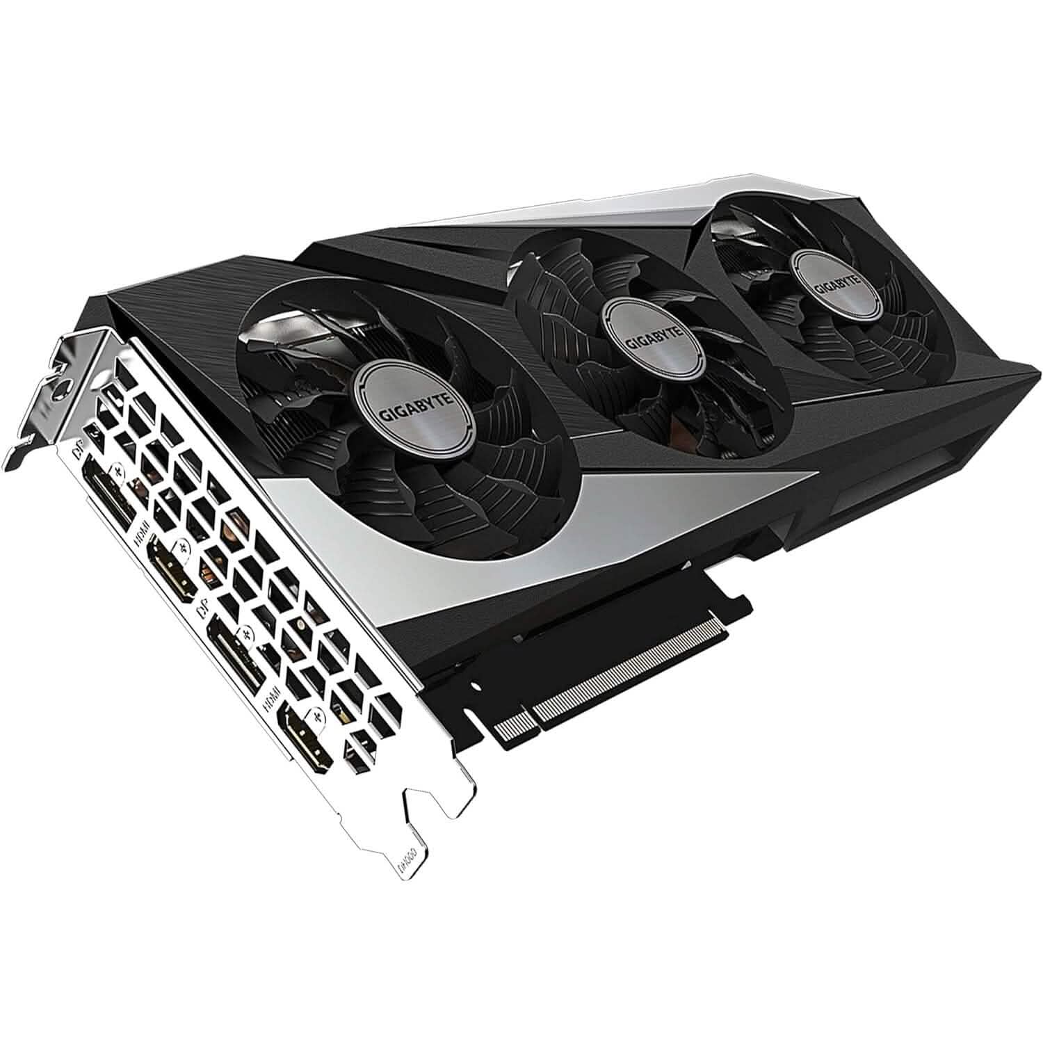 Gigabyte GeForce RTX 3060 graphics card, underside and bracket ports visible
