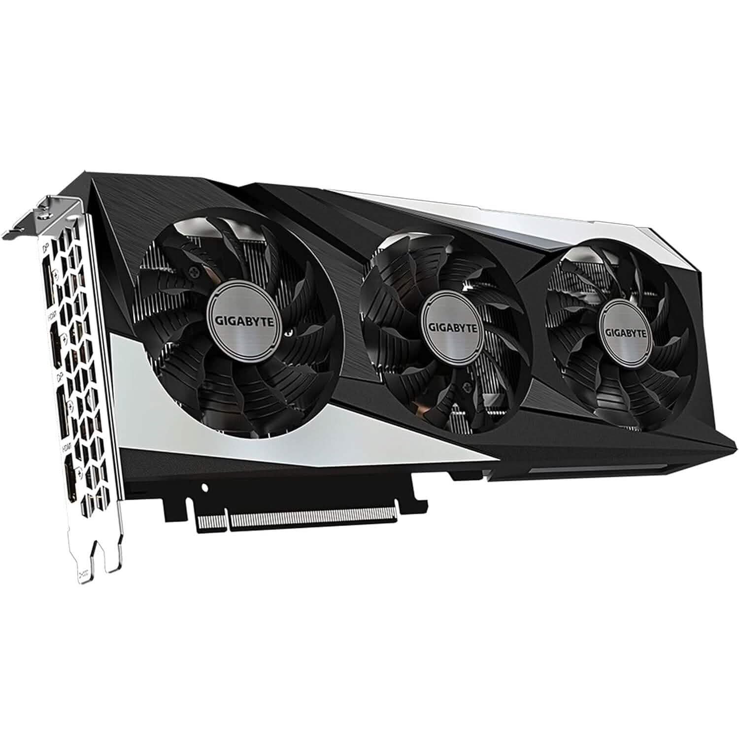 Gigabyte GeForce RTX 3060 graphics card, angled view with dual-tone black and silver shroud