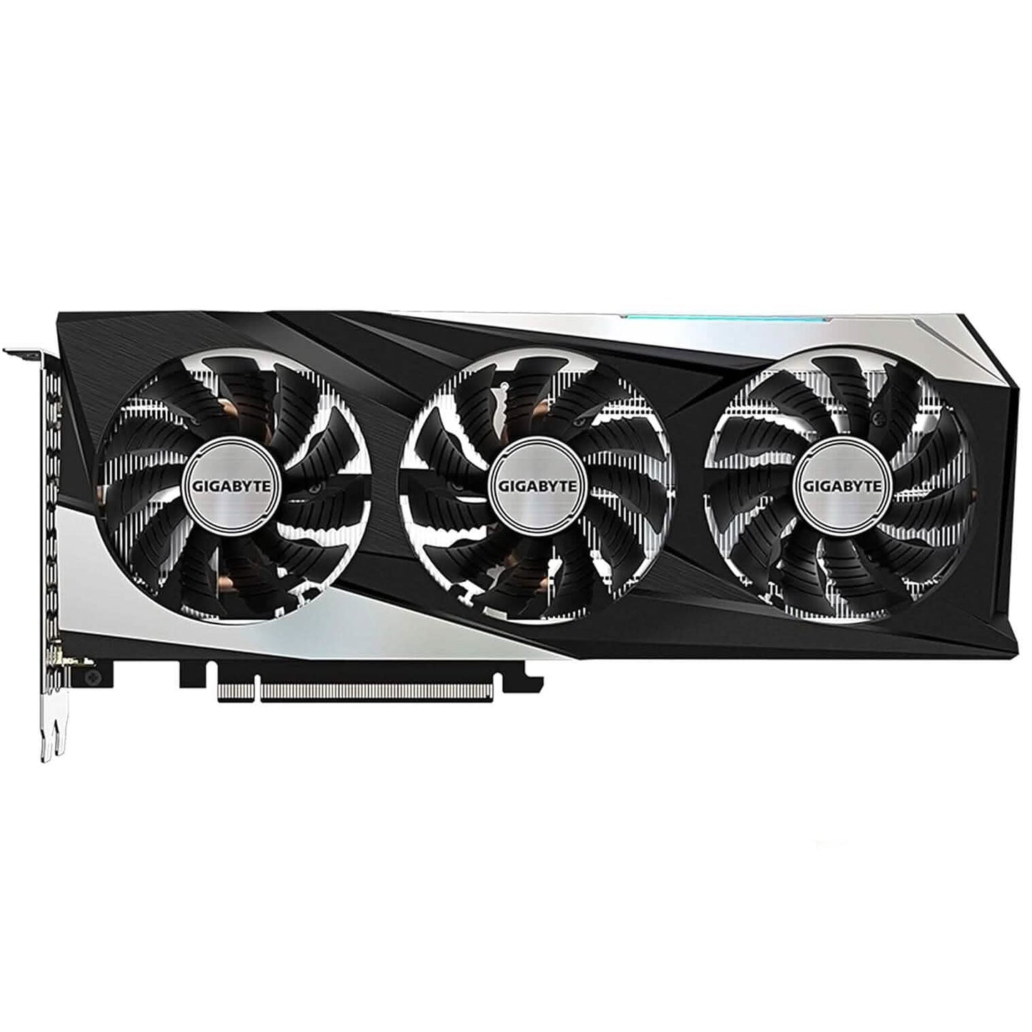 Gigabyte GeForce RTX 3060 triple-fan graphics card, front view showing fan blades