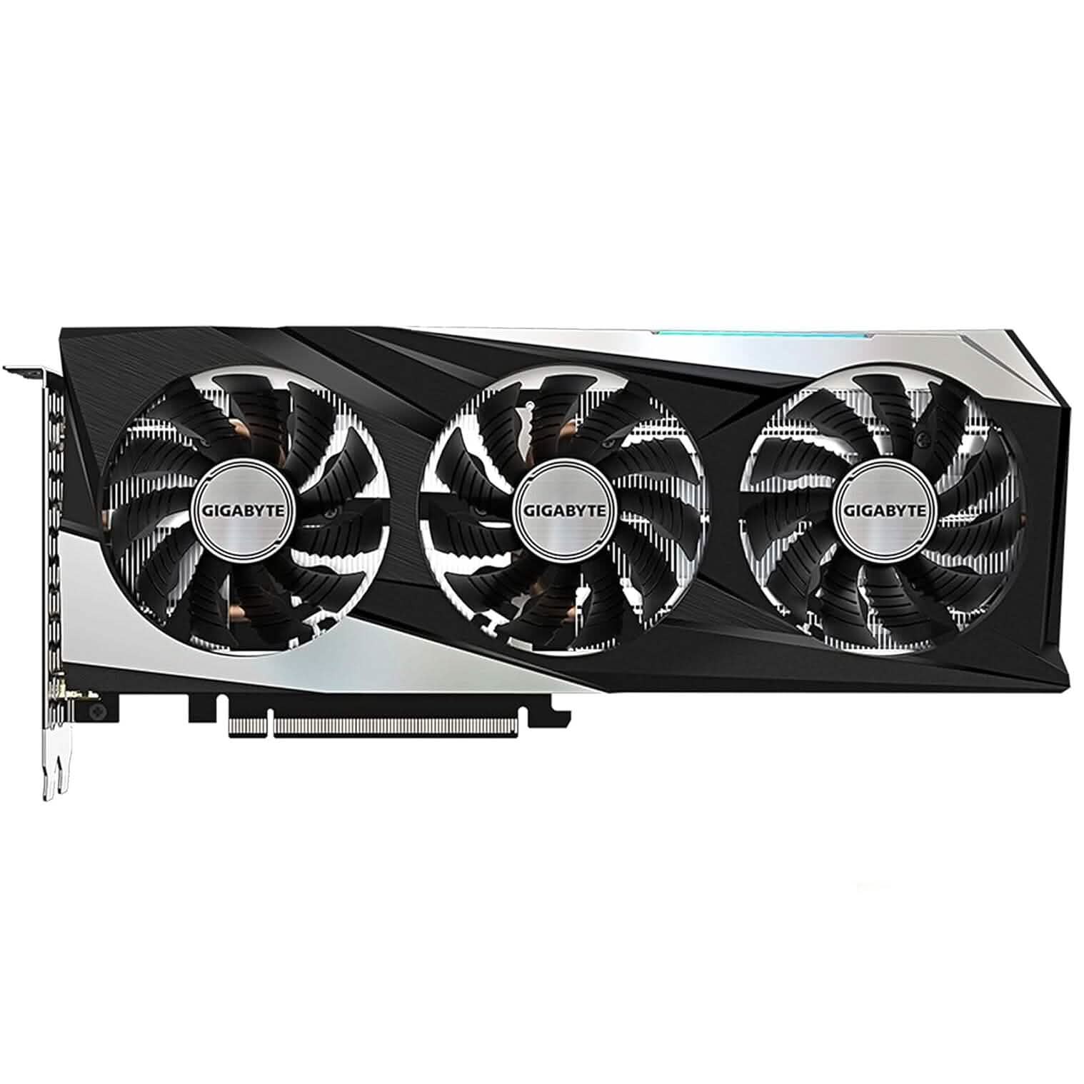 Gigabyte GeForce RTX 3060 triple-fan graphics card, front view showing fan blades