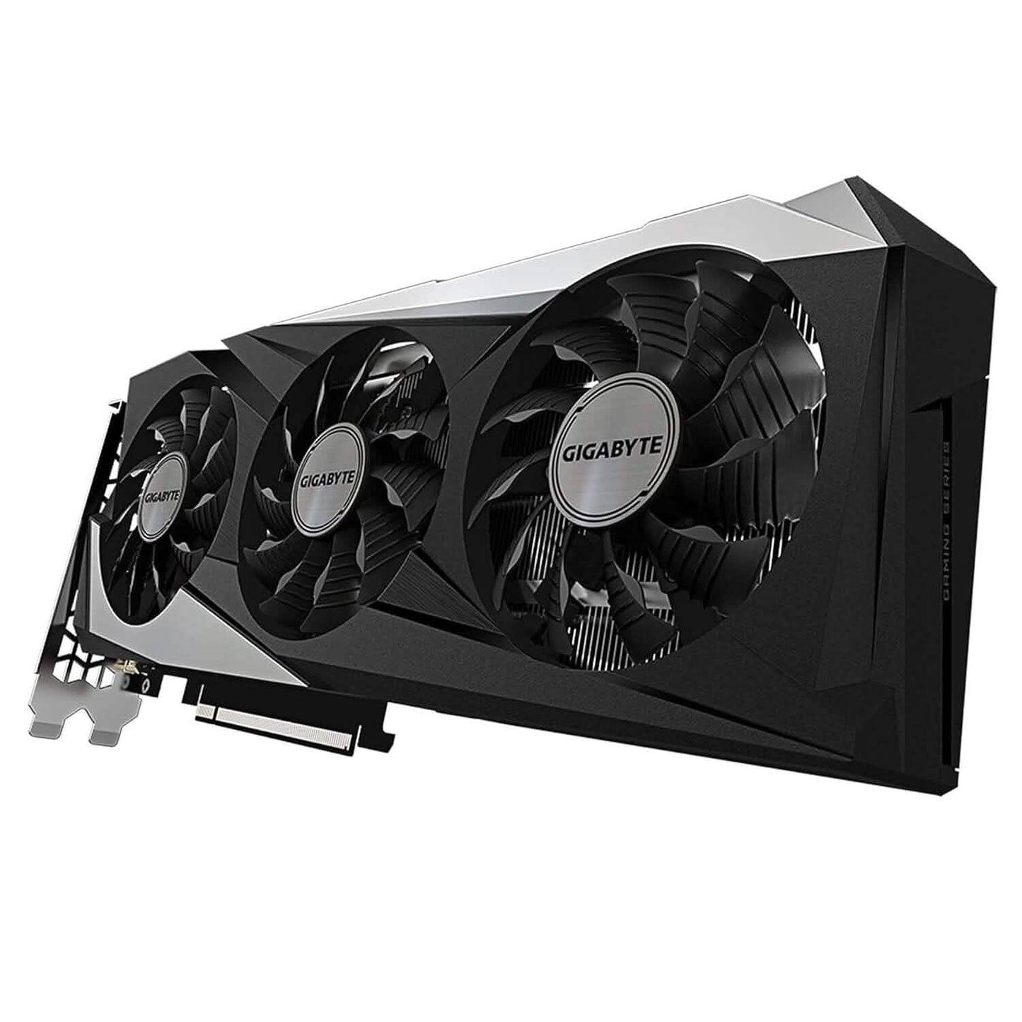 Gigabyte GeForce RTX 3060 graphics card, front corner view with three fan hubs