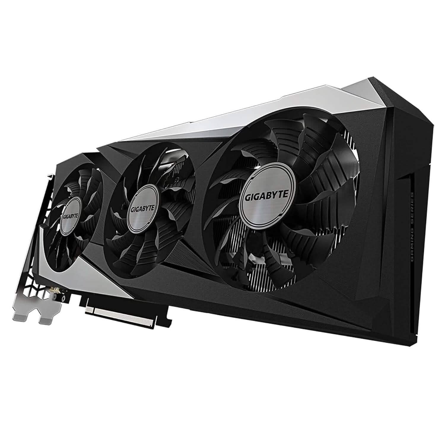 Gigabyte GeForce RTX 3060 graphics card, front corner view with three fan hubs