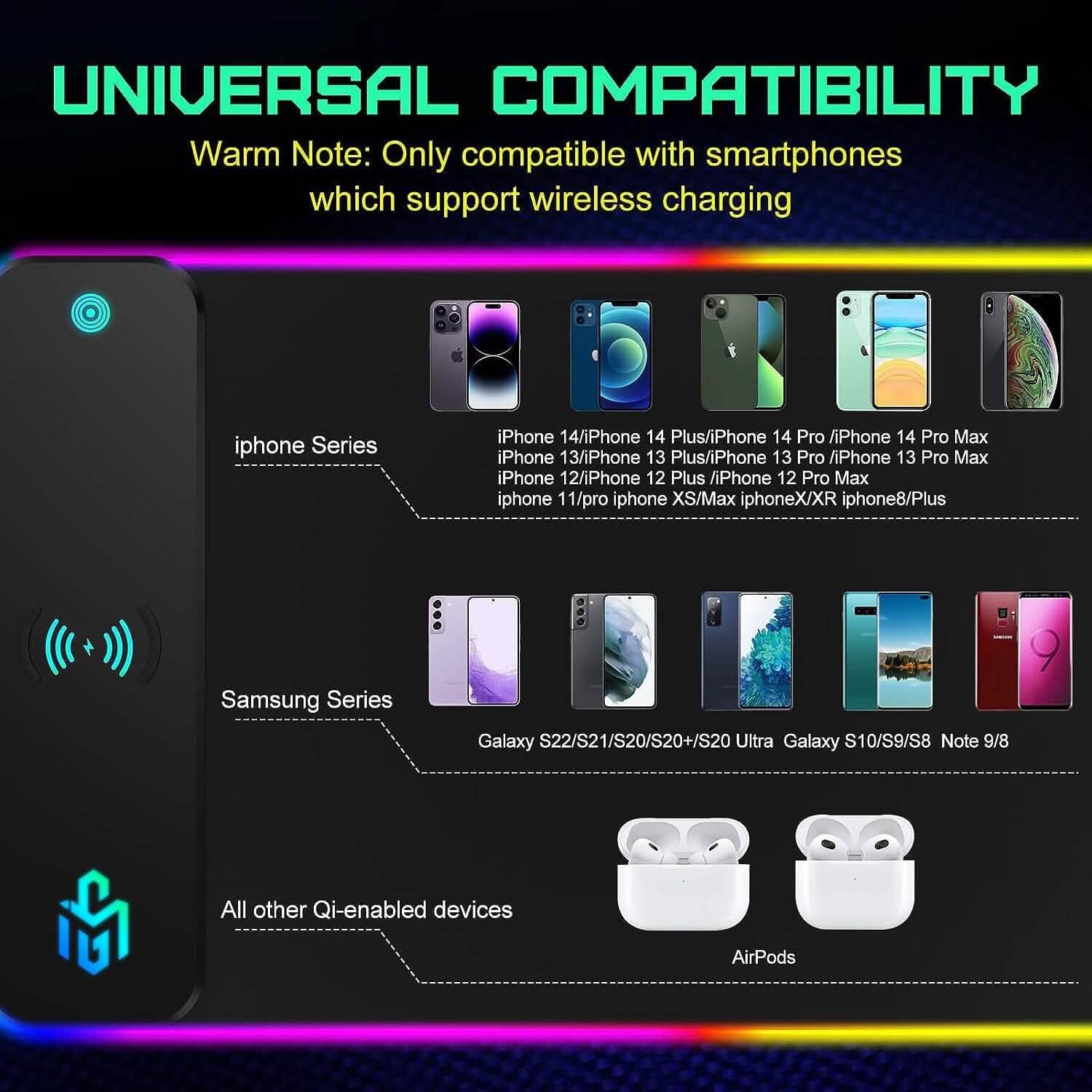 Black mouse pad with Qi compatibility graphics area and colorful RGB edge lighting