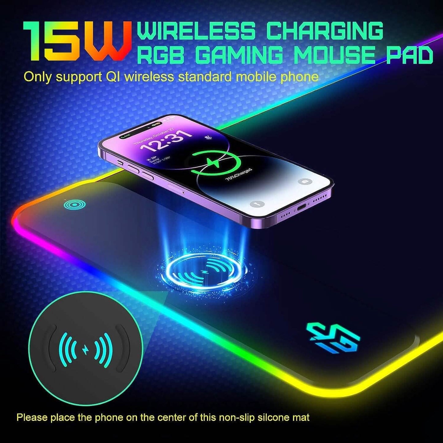 Black wireless charging mouse pad with phone on center charging area and RGB glow