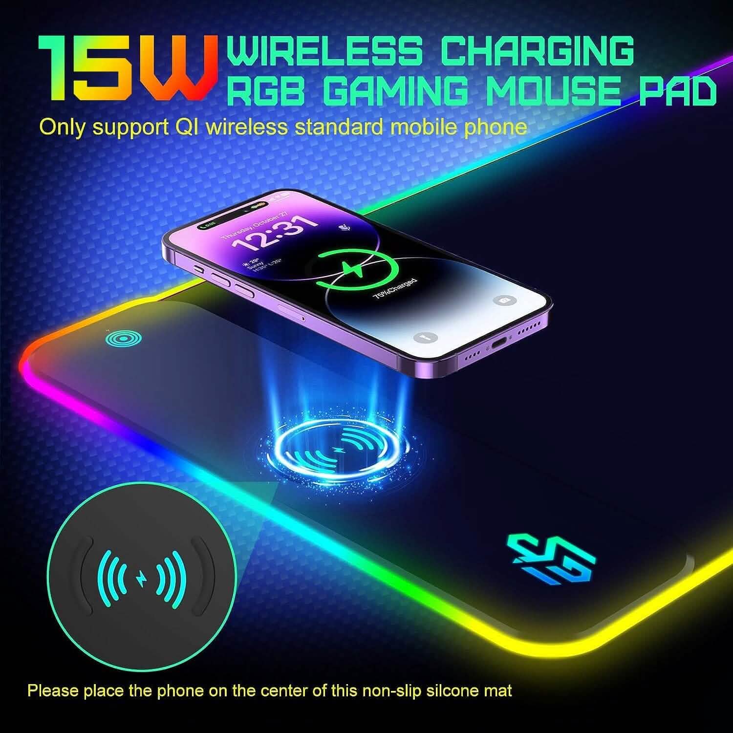 Black wireless charging mouse pad with phone on center charging area and RGB glow